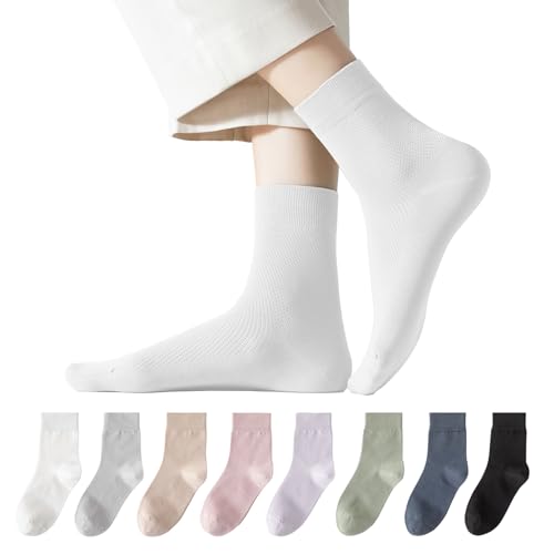 Womens Breathable Mesh 100% Cotton Mid-Crew Socks 8-Pack - Antibacterial Odor-Resistant with Seamless Toe & High Elasticity