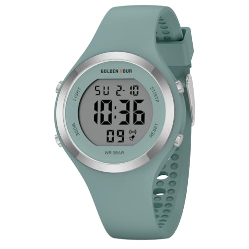 GOLDEN HOUR Waterproof Sport Women's Digital Chronograph Silicone Strap Watch, Dark Green