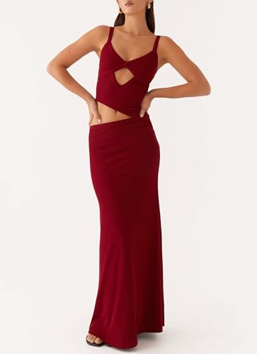 Image of Yiulangde Womens Elegant Spaghetti Strap Maxi Dress Backless Cut Out Bodycon Summer Cami Dress Sexy Formal Cocktail Dresses