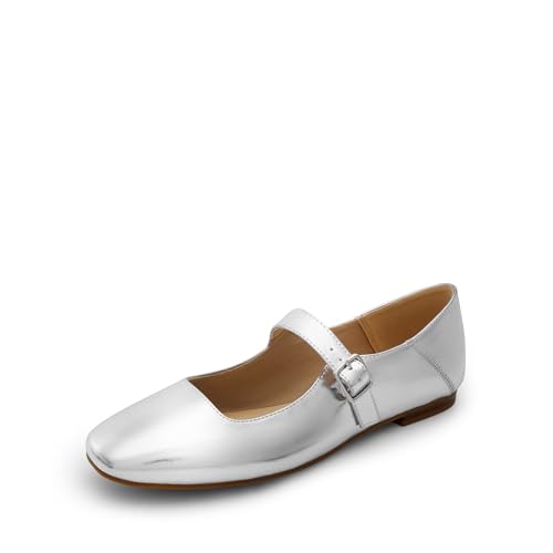 DREAM PAIRS Women's Silver Square Toe Mary Jane Flats: Comfortable Casual Slip On Dress Shoes with Buckle Strap for Women's Daily Wear 7 Silver
