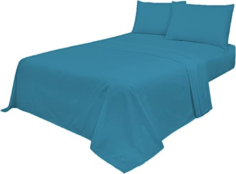 Axcent Comfort Non Iron Plain Bed Sheets Set (Flat Sheet & Fitted Sheet with 1 Pillow Case) 3 Pcs Soft Pollycotton Percale (Teal, Single Sheet Set)
