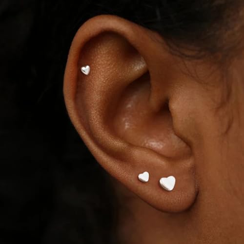 KRFY 3 Pairs Flat Back Stud Earrings 925 Sterling Silver Post Earrings for Women Tragus Conch Helix Cartilage Earrings for Women Heart Stud Earrings 14K Gold Plated2