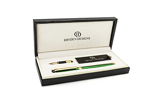 Dryden Designs Fountain Pen - Medium Nib and Fine Nib | Includes Luxury Box, 6 Ink Cartridges - 3 Black 3 Blue and Ink Refill Converter -Emerald Green