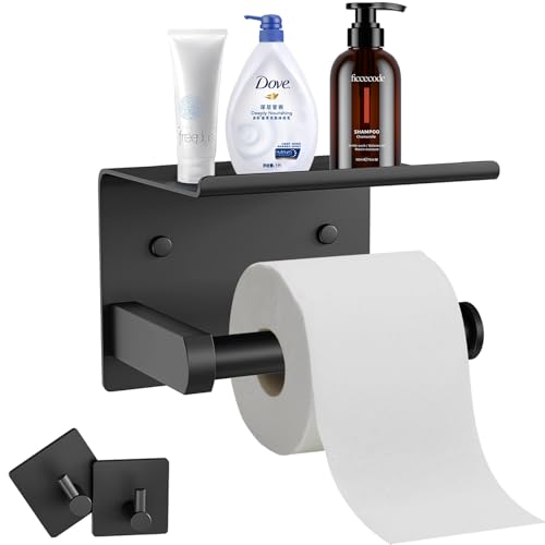2 in 1 Toilet Paper Roll Holder with Phone Shelf, Wall Mounted or Self Adhesive Toilet Paper Holder, Stainless Steel Tissue Holder with 2 Hooks, Roll Holder for Bathroom, Washroom,Kitchen(Matte Black)