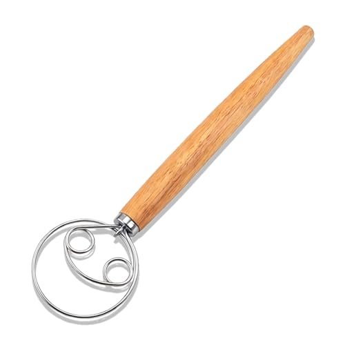 Danish Dough Whisk Stainless Steel Double-Ring Bread Dough Whisk Hand Egg Beater Mixer with Wooden Handle Traditional Dutch Whisk for Bread Pastry Pizza and Sourdough