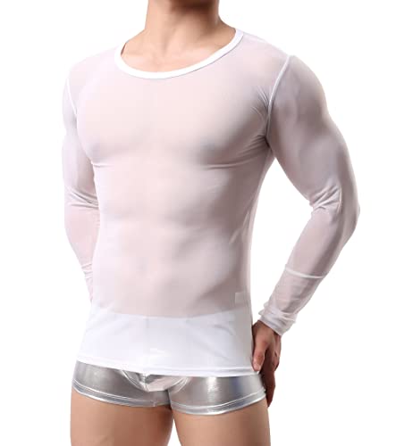 Men's Sexy Mesh Transparent T-Shirt Long Sleeve Round Neck Undershirt