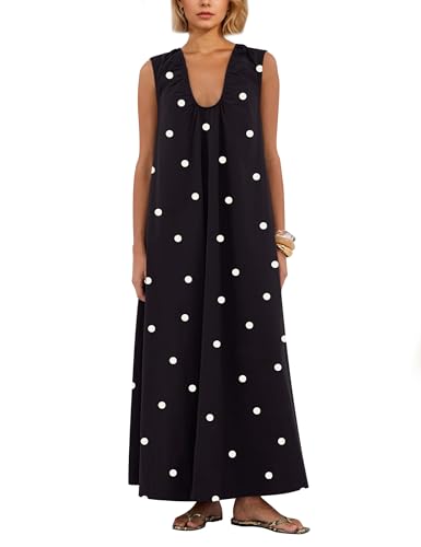Image of Women Sleeveless Ruched Maxi Dress Scoop Neck Long Elegant Dresses Wide Shoulder Strap Blouse Dress with Side Pockets