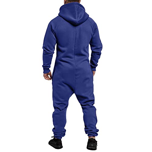WUAI Onesie Men's Hooded Jumpsuit Zip Up One Piece Pajamas Playsuit Jogger Sweatsuit Overall Romper Blue3