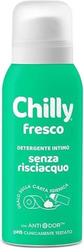 Chilly Senza Risciacquo, Detergente Intimo Senza Risciacquo Fresco, Da usare sulla Carta Igienica, Formula in Mousse a pH5, Arricchito con mentolo naturale, Con Anti-Odor, Clinicamente Testato - 100ml