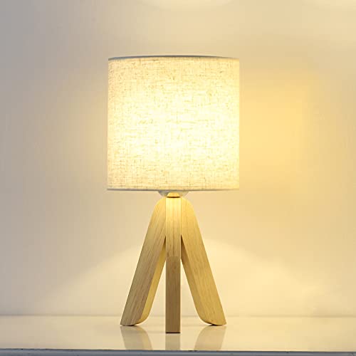 Lampe de table moderne nuit lumière lin abat-jour base en bois pour table de chevet de bureau