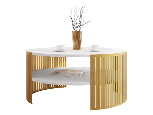 Mirjan24 Couchtisch mit Ablage Fahugin, Runde Form, Beine aus Metall, Kaffeetisch, Wohnzimmertische, Beistelltisch, Sofatisch, Teetisch (Arktisches Weiß, Gold)