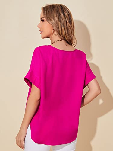 Image of Milumia Women Notched V Neck Batwing Sleeve Blouse Curved Hem Solid Casual Top