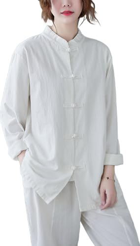 HongYAU Women's Linen Cotton Kung Fu Shirt Chinese Style Mandarin Collar Frog Button Zen Top for Tea Ceremony Medium White