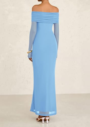 Image of PRETTYGARDEN Fall Dresses for Women 2025 Elegant Off The Shoulder Long Sleeve Formal Wedding Guest Bodycon Maxi Dress(Light Blue,Medium)