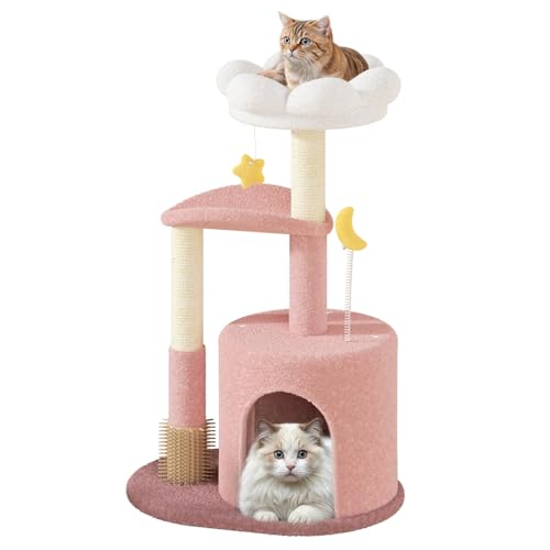 Athena Collection Small Cat Tree Condo with Sisal Scratching Post, 33 Inch Modern Cute Flower Cat Tree Tower with Cozy Perch Toy Ball for Indoor, Kittens, Pink