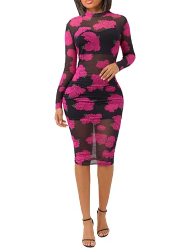 Image of Women Sexy See Through Mesh Long Sleeve Ruched Midi Dresses Crop Top Bodycon Skirt 3 Piece Outfits Set Clubwear