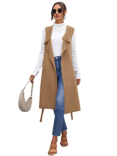 Shein Women's Draped Open Front Sleeveless Cardigan Longline Belted Outerwear Duster Vest Khaki X-Large #TOP23
