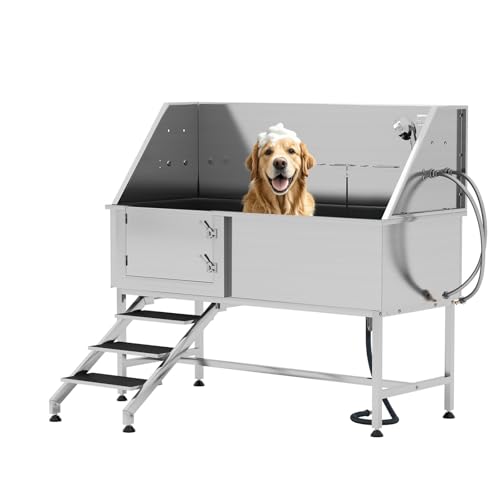 Albott 60 Inch Stainless Steel Dog Washing Station, Professional Pet Bathtub with Stairs, 3-Speed Adjustable Showerhead, Removable Grates, and Easy-Clean Design, XL for Large Dogs (Left Door).