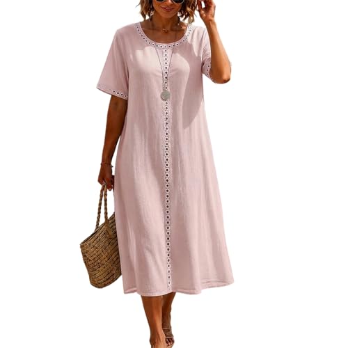 Robe midi droite ample femme col rond fluide à broderie ajourée