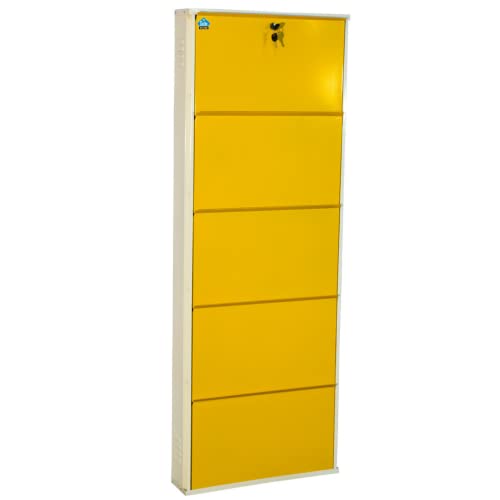 Image of DELITE KOM 24 Inch Wide, 5 Shelf Metal Shoe Rack Wall Mounted for Home with Central Lock Holds Upto 15 Shoes or 25 Slippers Pair | 1 Year Warranty | (67 x 24 x 5 Inch, Ivory Yellow) DIY Space Saving