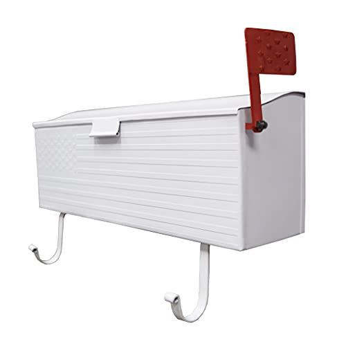 Image of Oakland Living AZ620-WHITE White Patriotic Metal Outgoing Mail Flag and Newspaper Hangers Wall Mount Mailbox