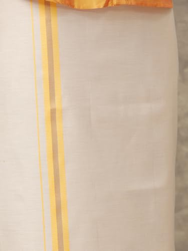 Image of RAMRAJ COTTON Men Parsley Silk Cotton Full Sleeves Shirt with Matching Border Tissue Dhoti Set