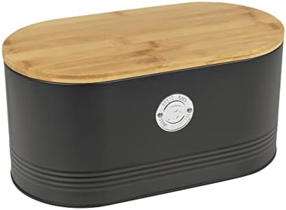 Bread Bin with Bamboo Lid Black, 34 x 18 x 16 cm Bread Box, Made of Corrosion-Resistant Carbon Steel, Wooden Lid on the Bread Box Doubles as Cutting Board, Essential Kitchen Accessories
