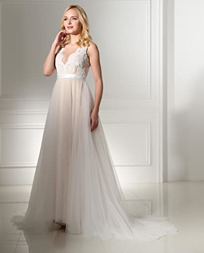 Image of Spaghetti Chiffon Beach Wedding Dress V Neck A line Bridal Gowns Lace Plus Size Wedding Dress