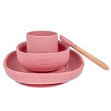 althea living - set di stoviglie per bambini in silicone organico - 4 pezzi - piatto quadrato e ciotola con ventosa, bicchiere per imparare e cucchiaio con manico in bambù (rosa profondo)