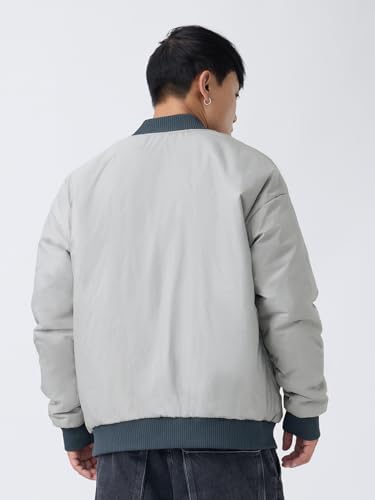 Image of The Souled Store Orion Men and Boys Full Sleeves Band Collar Navy and Grey Solid Polyester Reversible Lightweight Everyday Oversized Fit Bomber Jacket