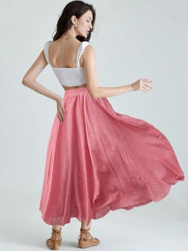 Women's Cotton Linen Flowy Maxi Skirt High Waist A-Line Elastic Waistband Weekend Skirt3