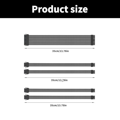 Juego de extensión de cable con funda para fuente de alimentación de PC, 35 cm, 24 pines, PCIE de 8 pines, CPU de 4 + 4 pines con juego de peines de cable, color negro - imagen 5