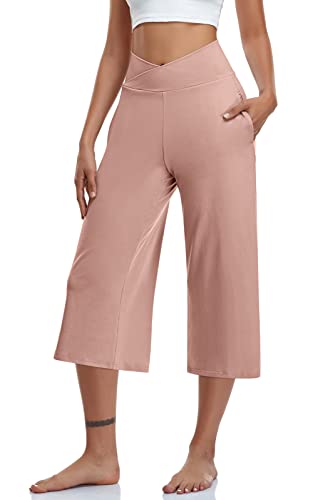 Image of TARSE Womens Casual Wide Leg Yoga Capris Crossover High Waist Capri Pants Loose Soft Pajama Pockets Sweatpants