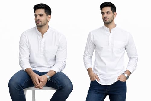 Image of Men's Cotton Kurta, Mandarin Collar Short Kurta, Long Sleeve Casual Shirt for Summer