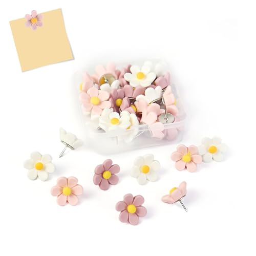 NEERIX Juego de 30 chinchetas de flores para tablones de anuncios, rosas y blancas, para colgar decoraciones, de metal y resina para carteles y tarjetas, ideal para oficina y hogar
