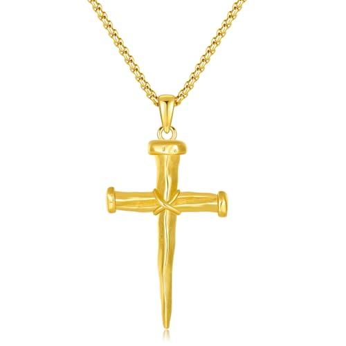 14K Gold Nail Cross Necklace for Men, Cross Pendant with Box Chain, Christian Religious Faith Jewelry Gift 20 Inch/50 cm