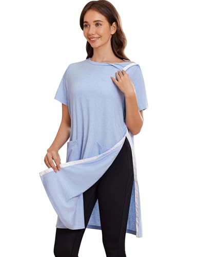 Image of Deyeek Women's Post Shoulder Surgery Hospital Gowns Tear Away Short Sleeve Full Open Side Snap Adaptive Clothing Nightgowns