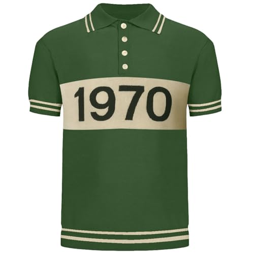 Knit Polo Shirt for Men, 1970 Retro Words Green Shirt Quarter Button Down Short Sleeve Men's Clothing