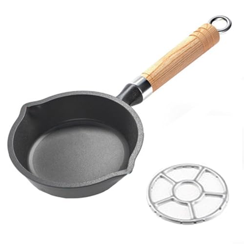 Floweringbeter Mini sartén de hierro fundido con mango de madera, sartén pequeña para cocina, cocina, huevos, salsas, dispensador de aceite (B10CM)