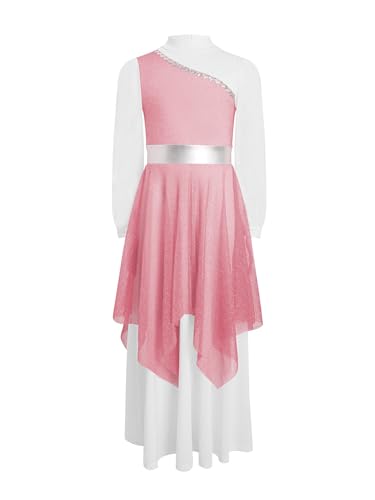 Hansber Kids Girls Church Liturgical Dance Dress Praise Long Sleeve Metallic Asymmetrical Dancewear3
