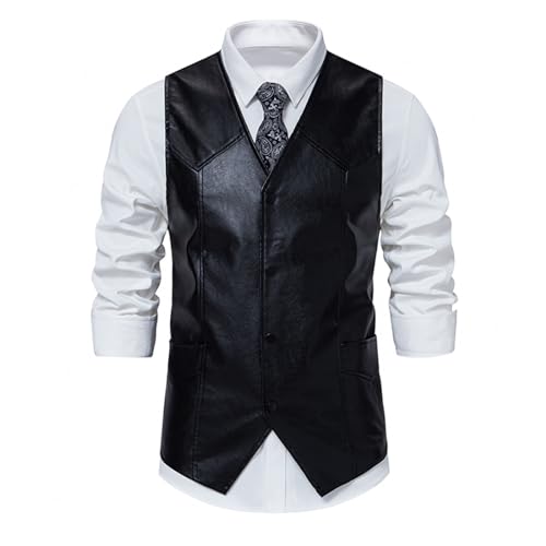 Faux Leather Vests For Men Retro Steampunk Formal Suit Vest Herringbone V Neck Vintage Disco Party Dress 80s Outfits