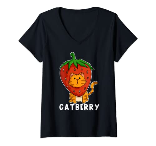 Womens Funny Catberry Strawberry Berry Cat Kitty Fruit Paw V-Neck T-Shirt
