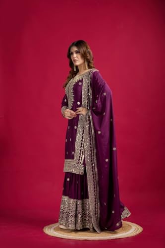 Image of Women's Heavy Embroiderd Work Purple Color Weding Wear Straight Kurta Sharara Set for Women with Dupatta
