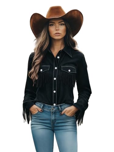 SZRXKJ Blusa occidental estilo vaquera de manga larga borgoña con flecos para mujer, Negro , S