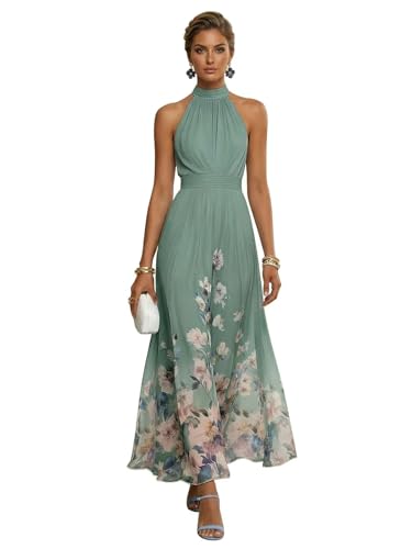 XZTWYMH Eucalyptus Halter Mother of the Groom Dresses for Women Printed Flower Chiffon Formal Dress Long Ruched Bodycon Evening Dress Size 6