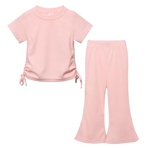 Image of Toddler Girl Summer Clothes Little Girl Outfit Short Sleeve Shirt + Flared Pants 2 Pieces Girls Clothing Set,Pink /2-3Y