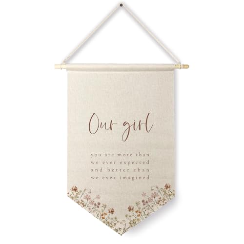 Image of Qpenm Girls Room Decor, Our Girl You are More Than Our Expected Hanging Wall Canvas Banner, Boho Nursery Hanging Pennant Flag for Girl, Nursery Wall Decor,Posters & Prints