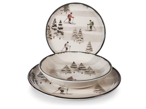 H&H Servizio Tavola 18 Pezzi Retro Skier – Piatti Invernali Natalizi – 6 Piatti Piani 26cm, 6 Fondi 20,5cm, 6 Frutta 20cm – Lavabile in Lavastoviglie, Microonde
