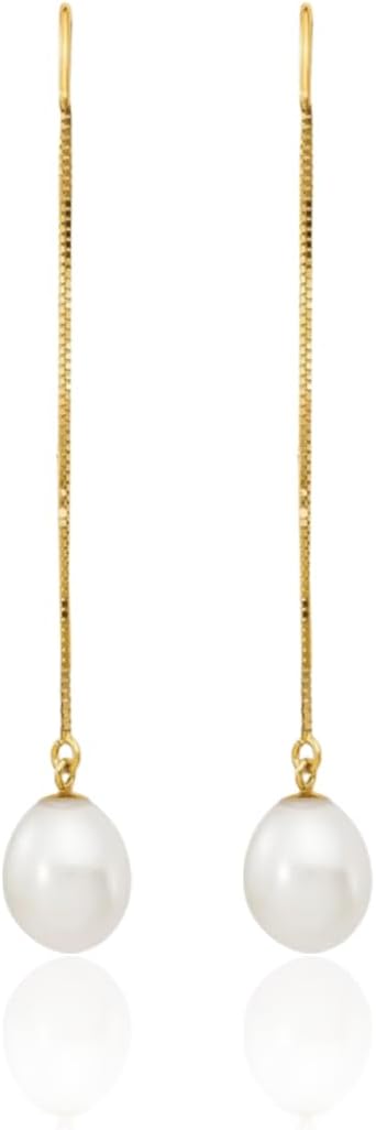 IceCarats 14K Solid Yellow Gold 7mm Freshwater Pearl Threader Earrings Prong Set, Polished For Her