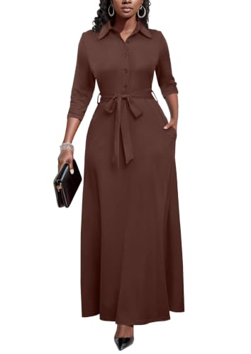 Image of Runwind Women Church Maxi Dresses 3 /4 Sleeve Button Down Print Casual Office Dress African